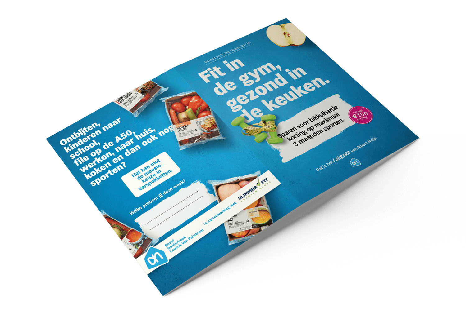 Buitenzijde van de spaarfolder met de kop 'Fit in de gym, gezond in de keuken.'