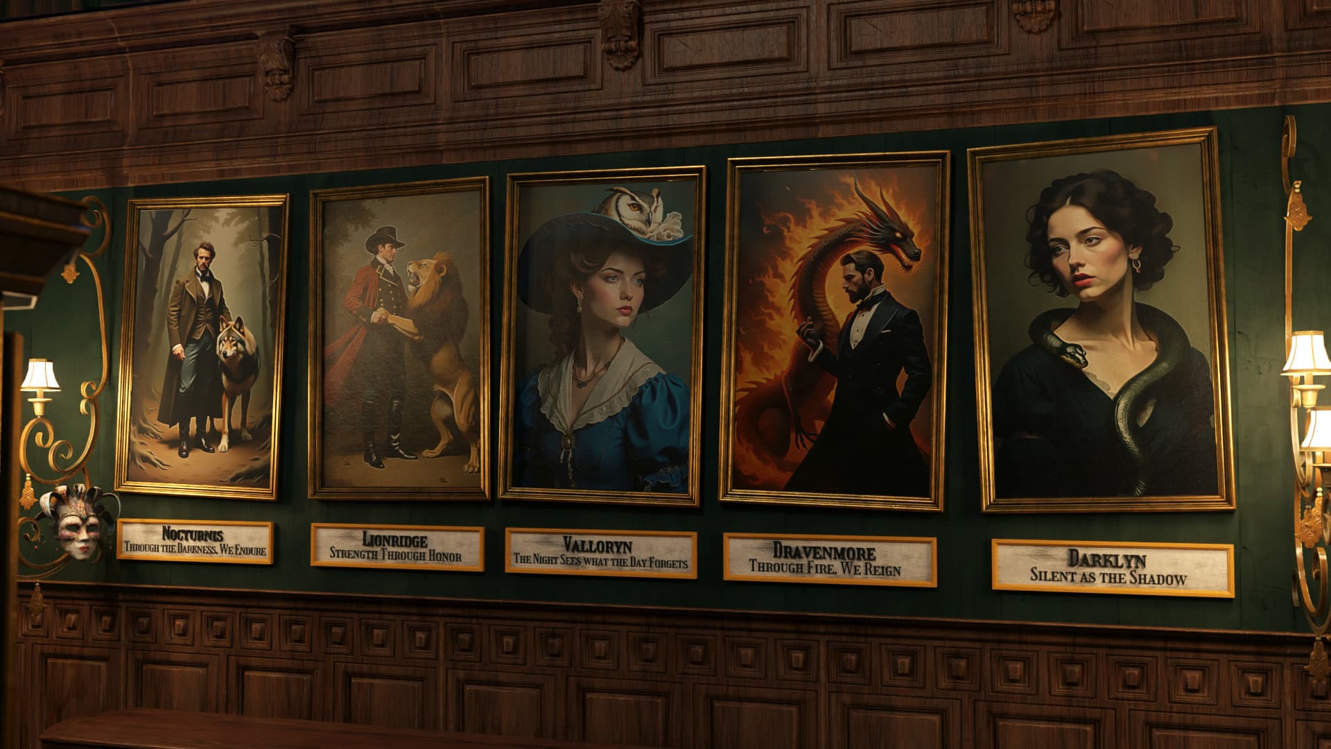 Detail: de familieportretten aan de wand van de entreehal.